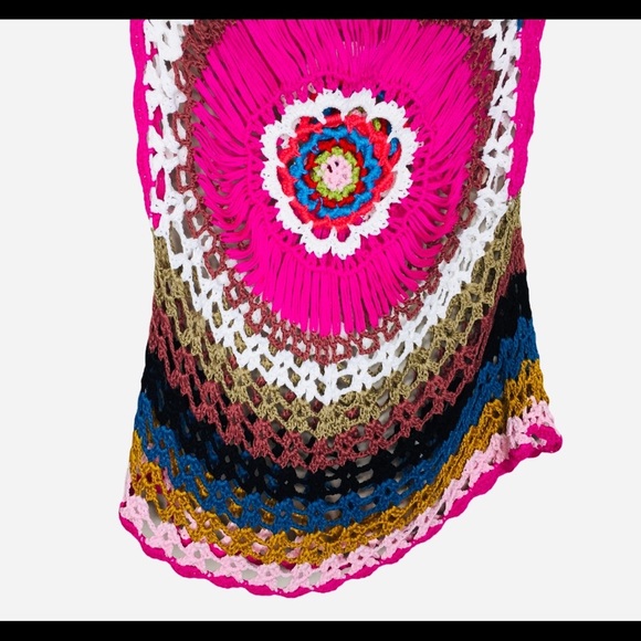 Boho Round Neck Crochet Hollow Top With Cap Sleeves & Scoop Neck Pink Size Small - Picture 5 of 7